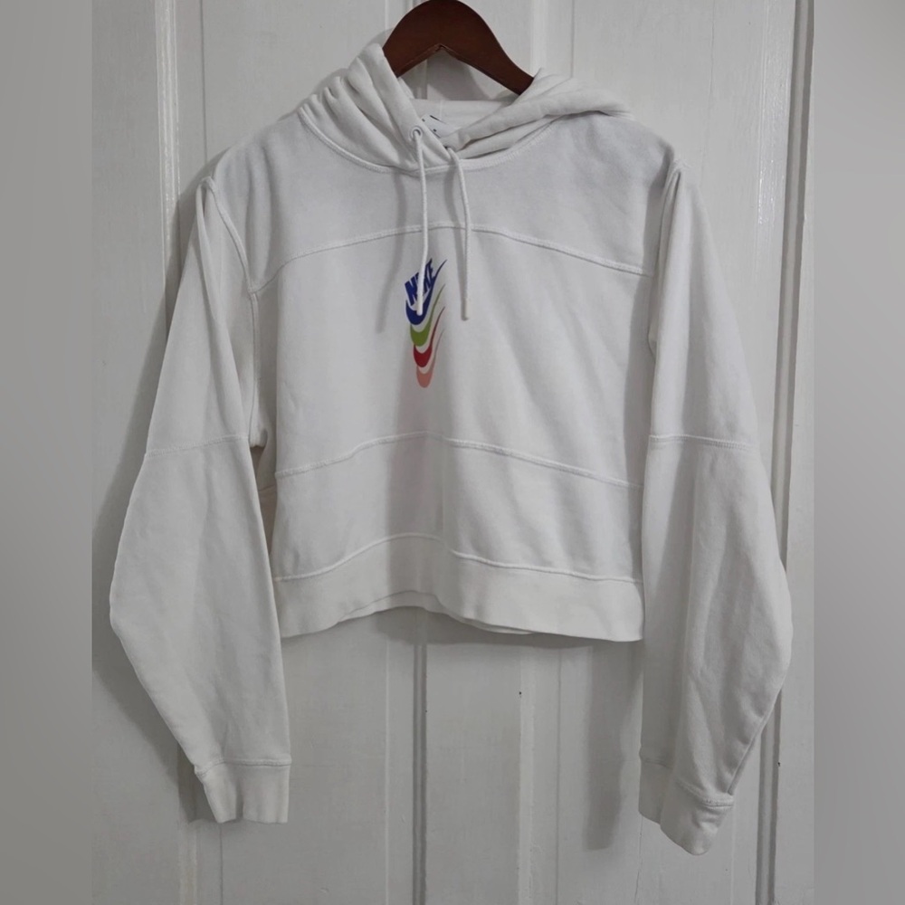 Nike White Cropped Hoodie with Rainbow Swoosh